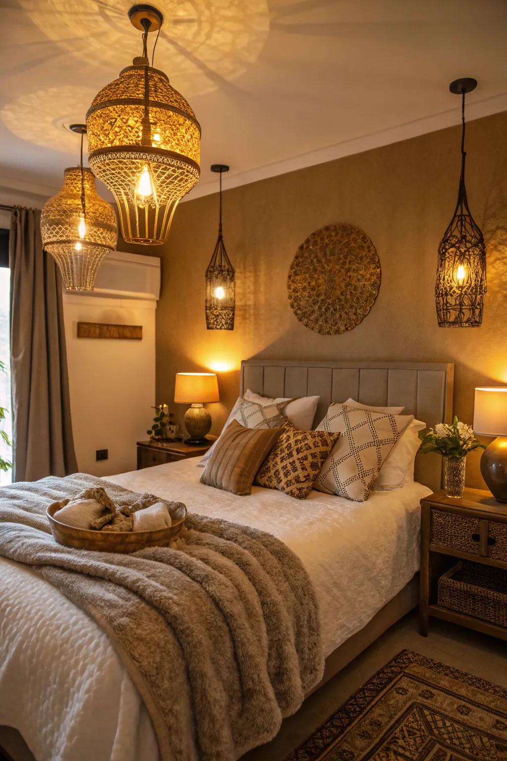 A bedroom aglow with gilded bronze lighting installations for an inviting sensation.