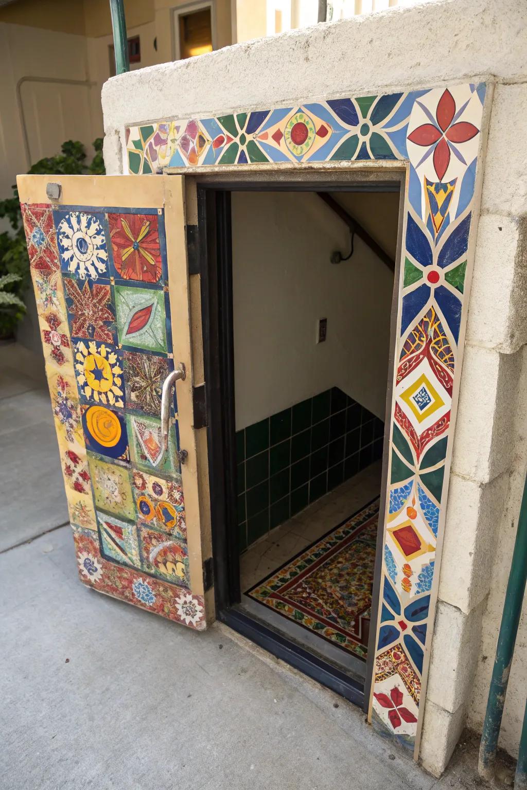A mosaic design converts a door into an artistic assertion.