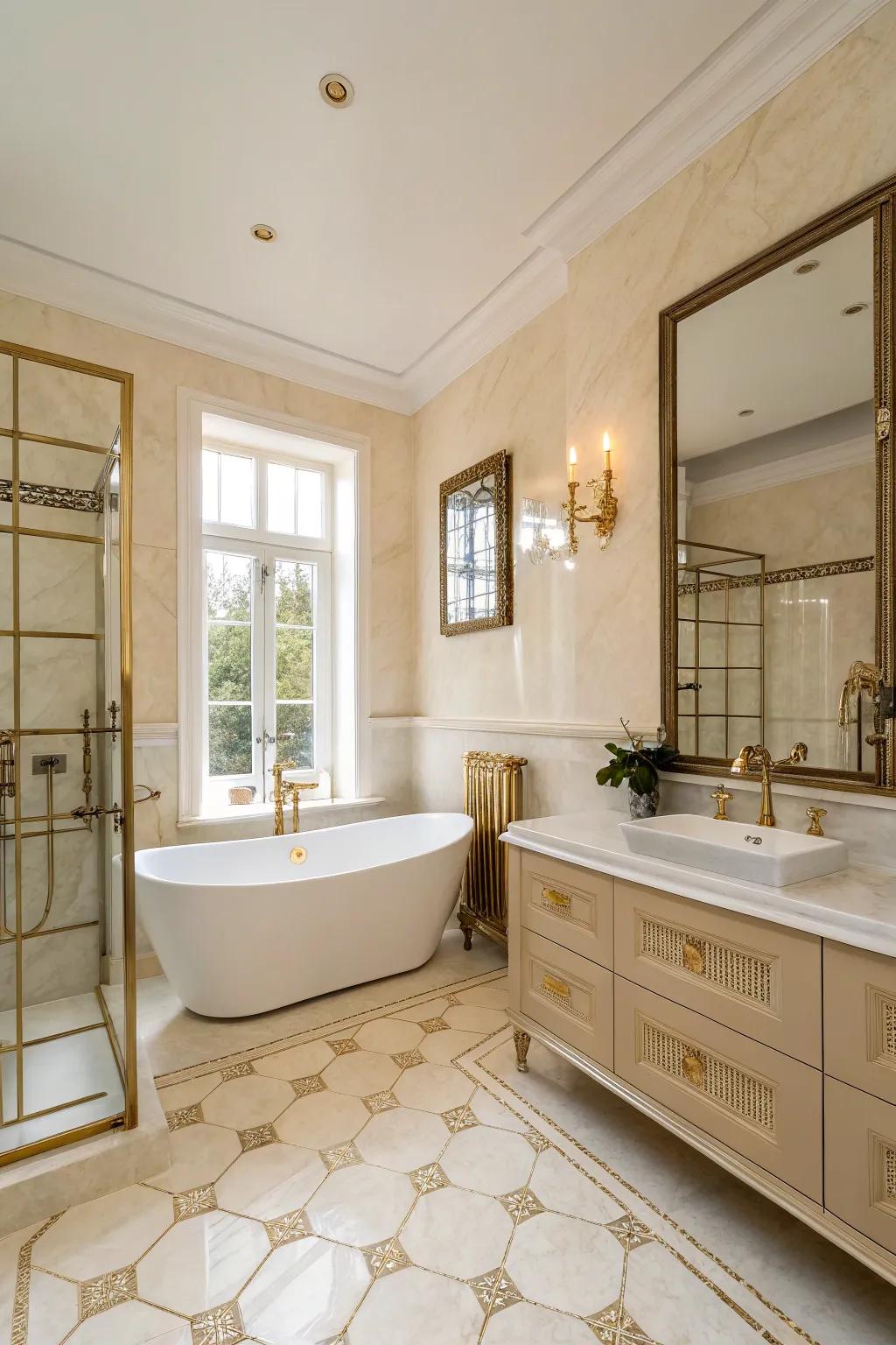 Brass fixtures incorporate a traditional touch to this cream bathroom.