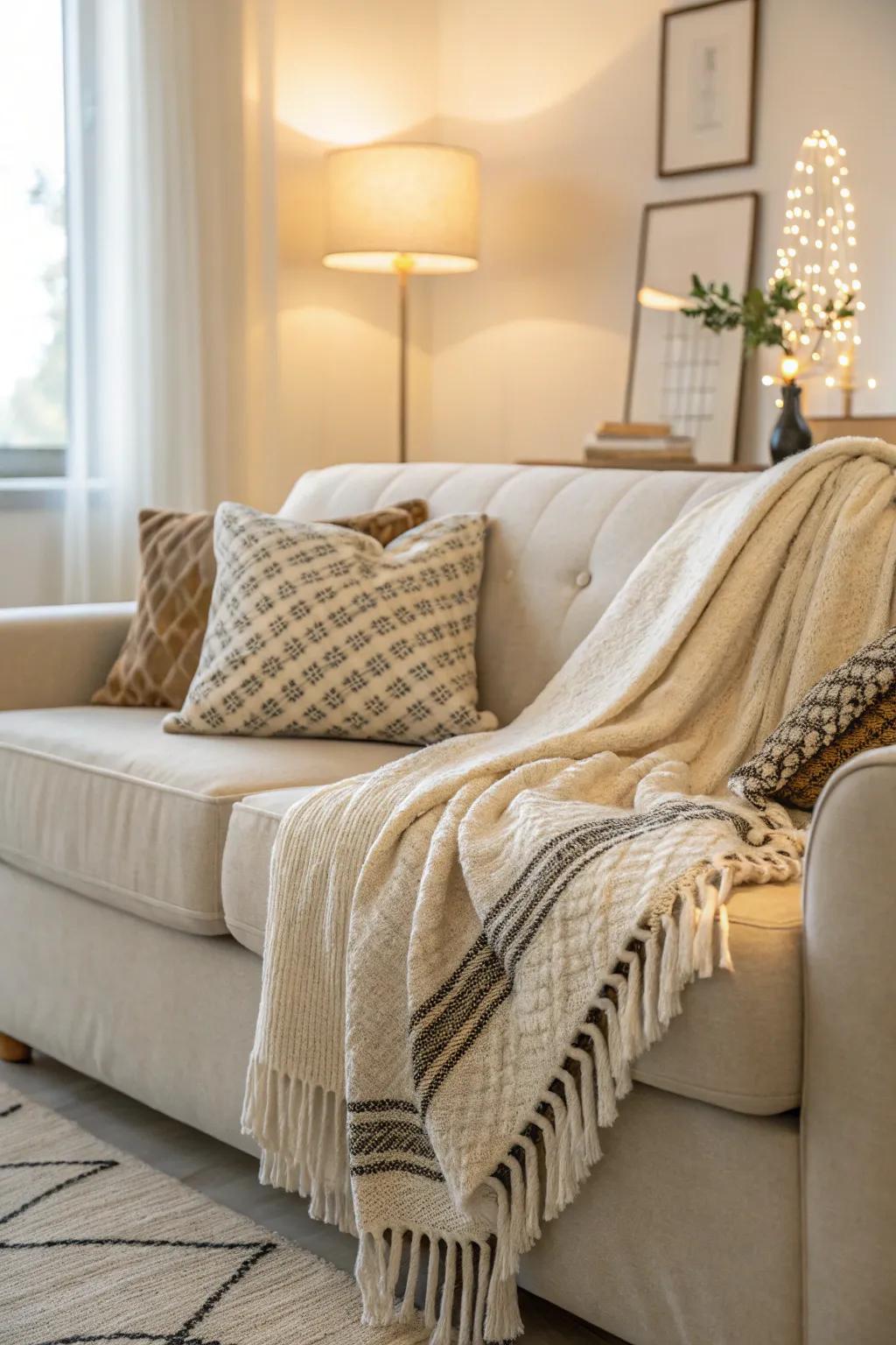 Warm throws enhance the warmth and texture of a vanilla sofa.