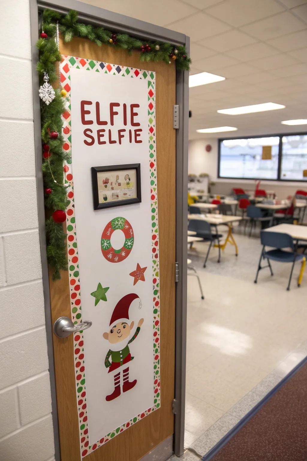 A classroom door with an 'Elfie Selfie' station, encouraging fun holiday photos.