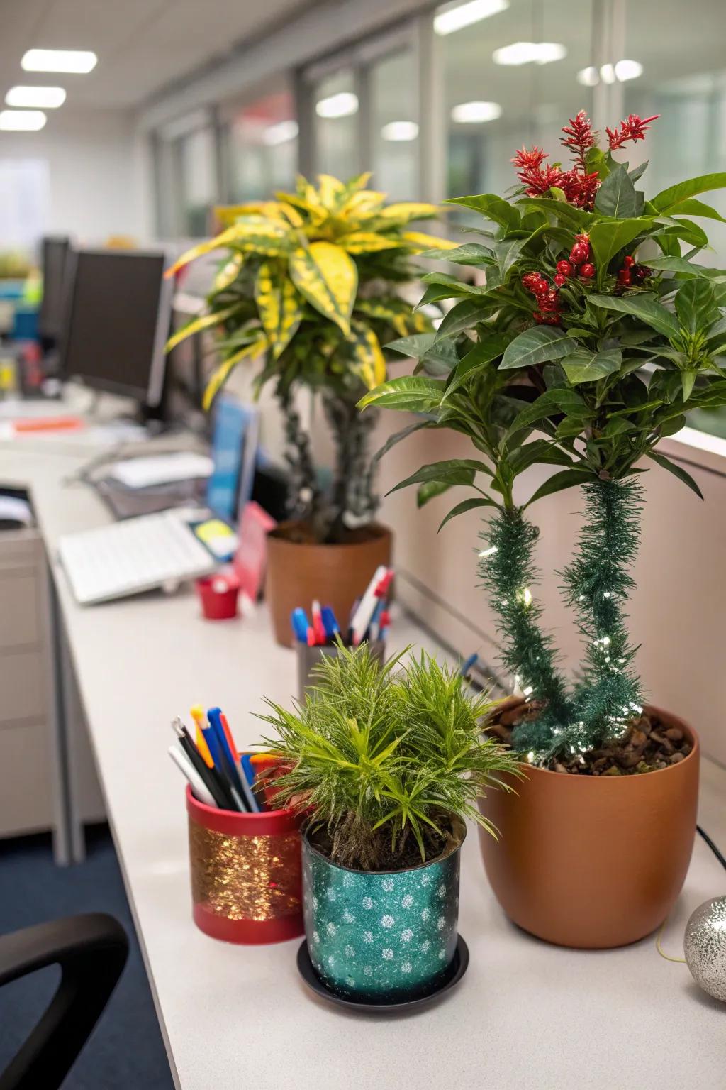 Transform desk plants with celebratory decor for a holiday touch.