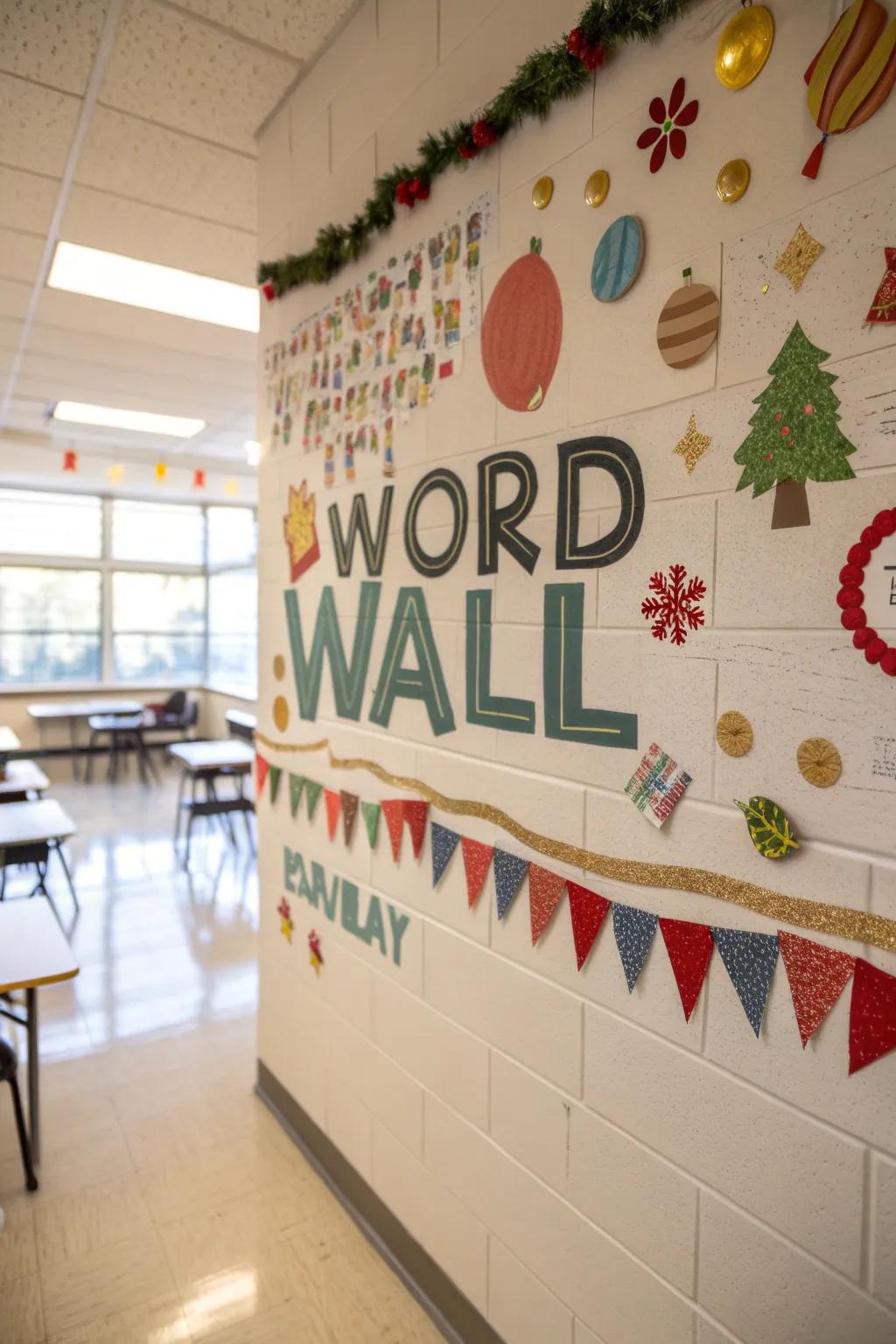 A seasonal word wall using decorations altering through the year