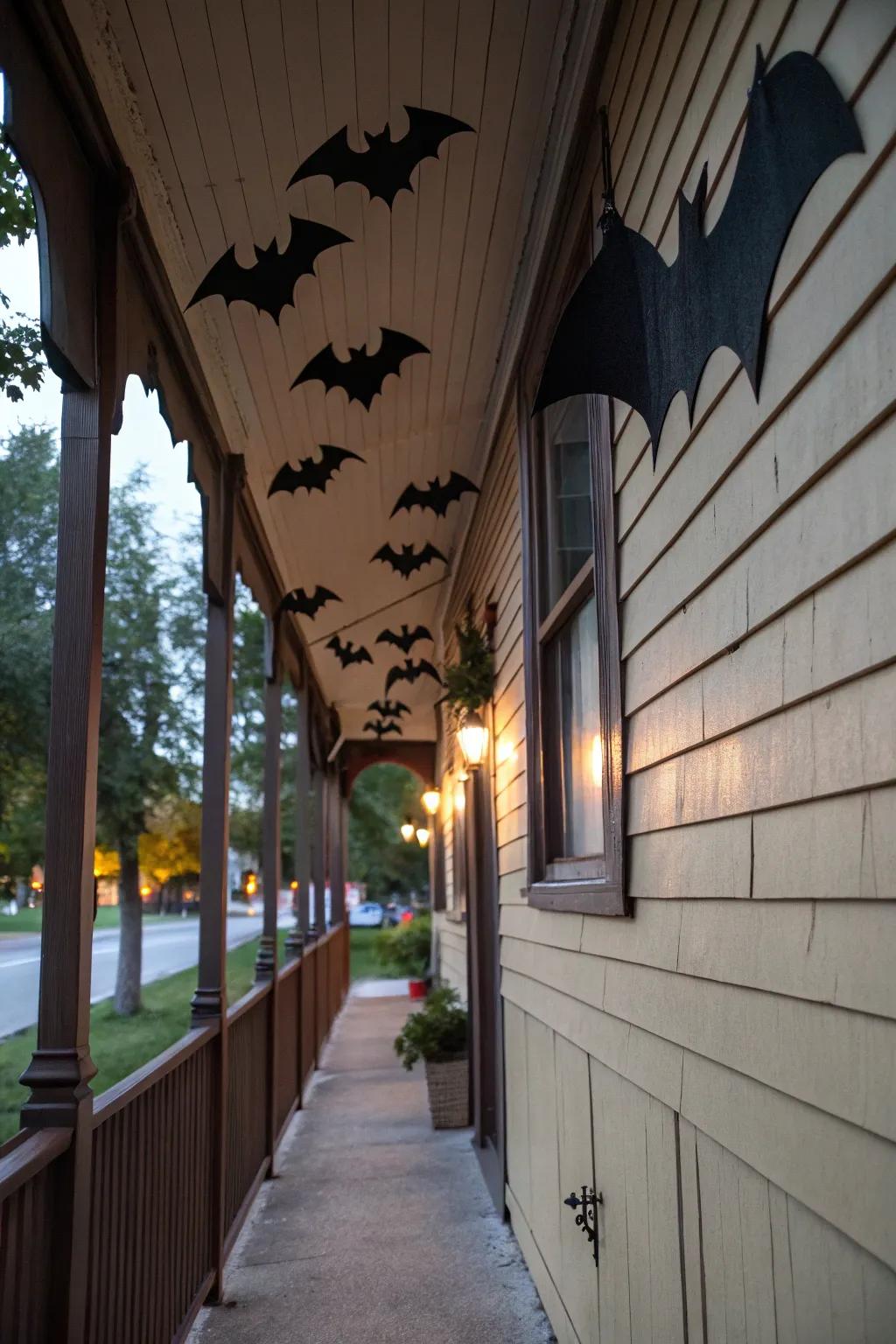 Flying bats craft a dynamic Halloween display.