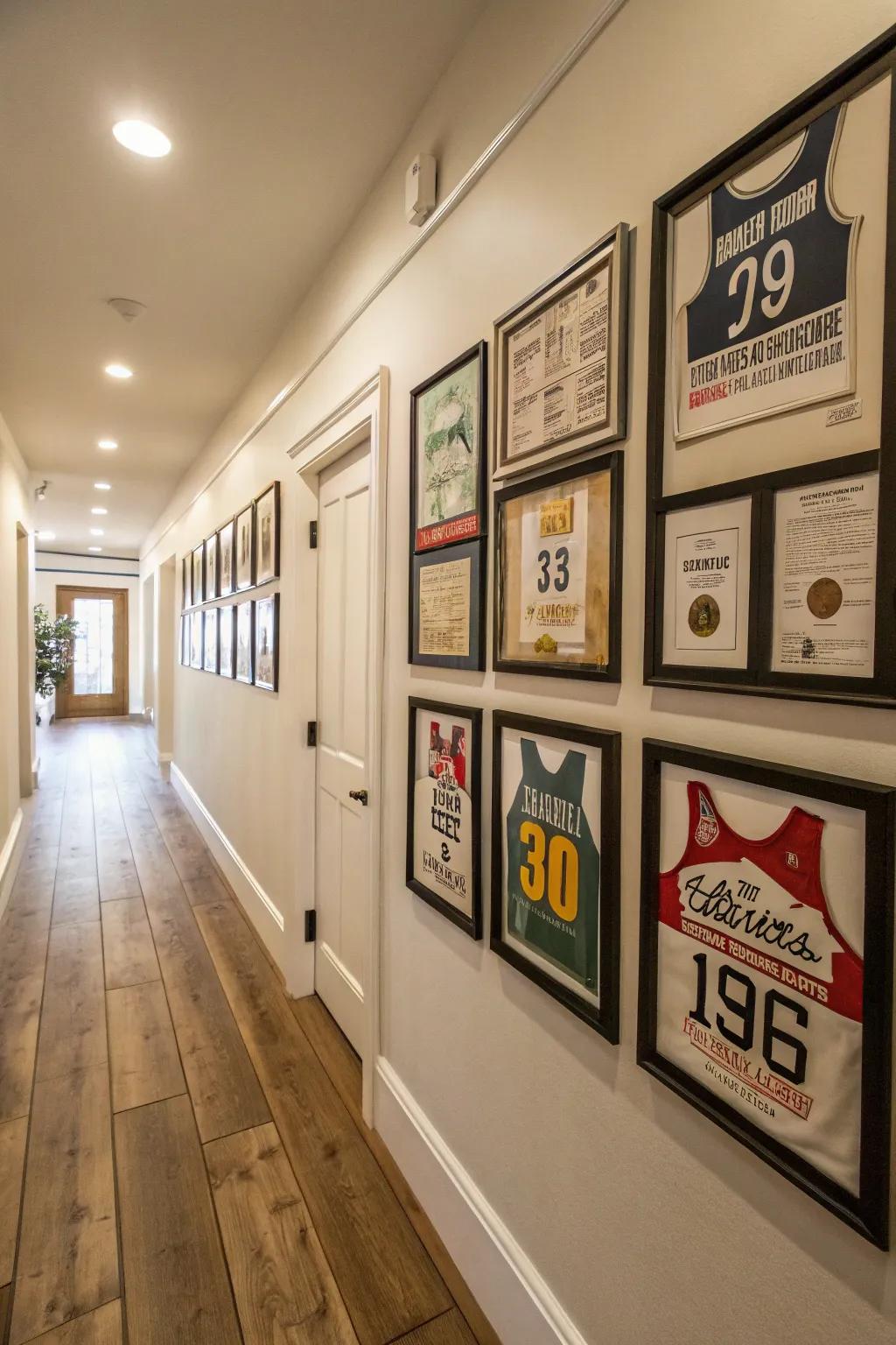 A collection of vintage race bibs offers a nostalgic and personal decor element.