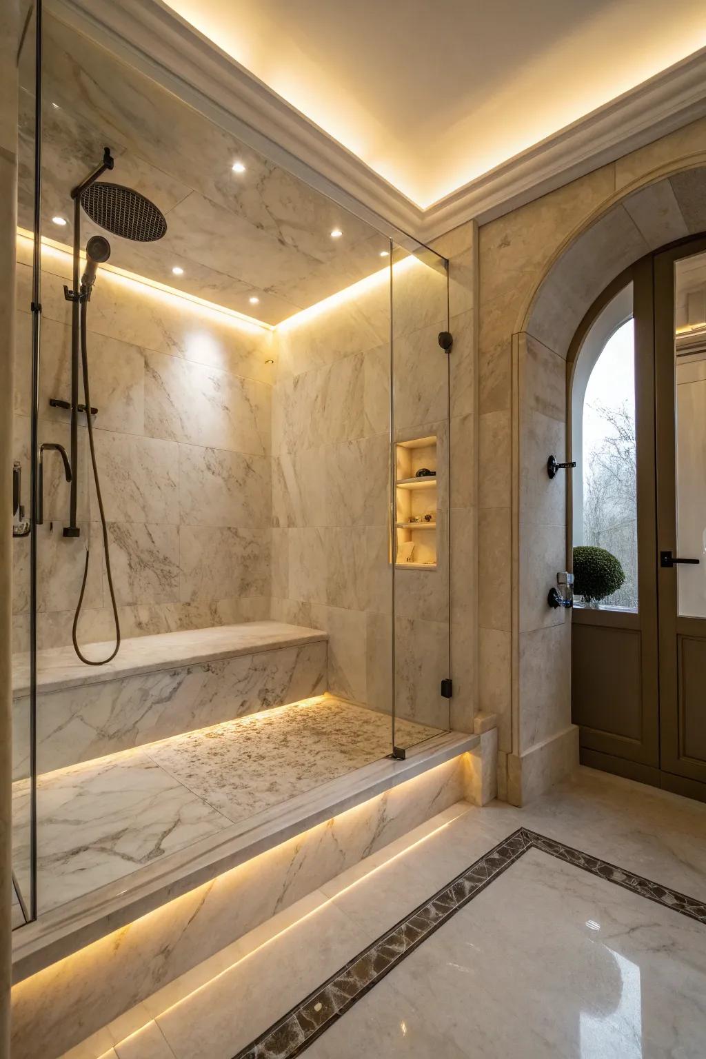 Concealed lighting introduces ambiance to manufactured stone showers.