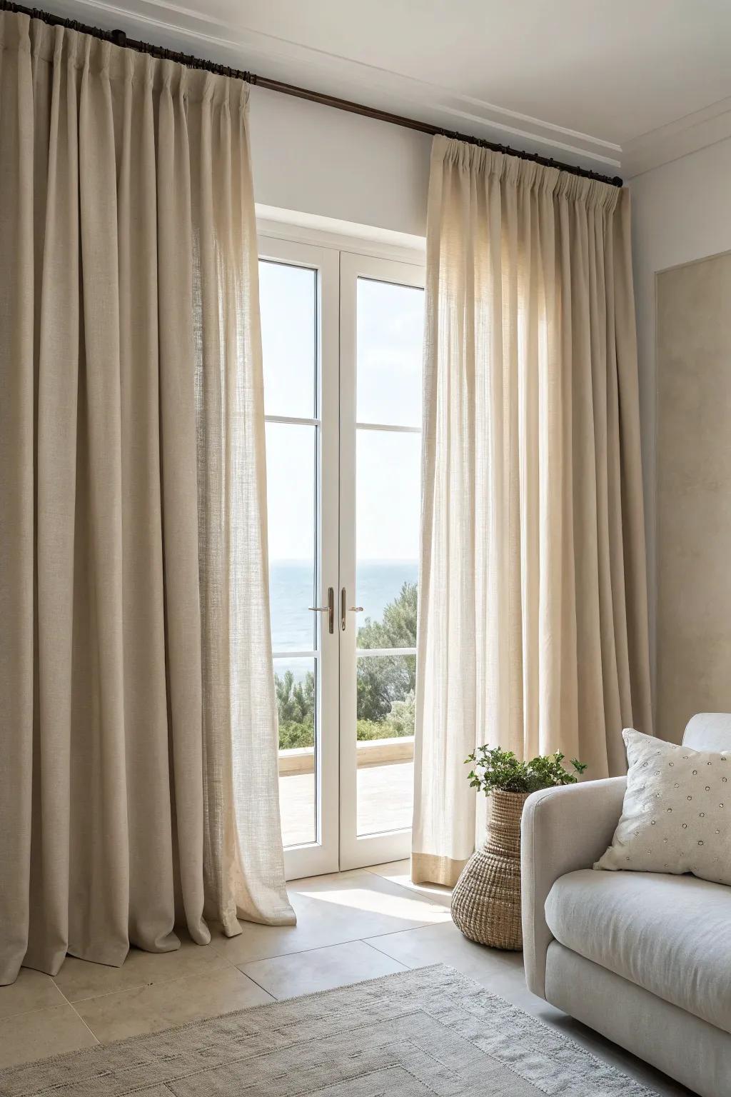 Neutral drapes offer timeless style and versatility.