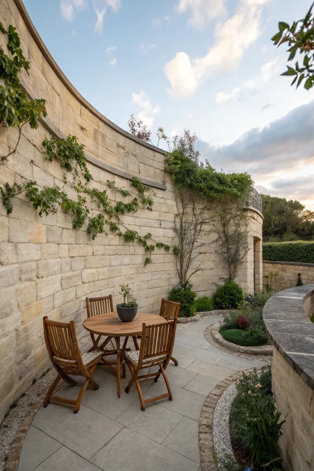 A cozy patio using elegant winding walls that create a private getaway.
