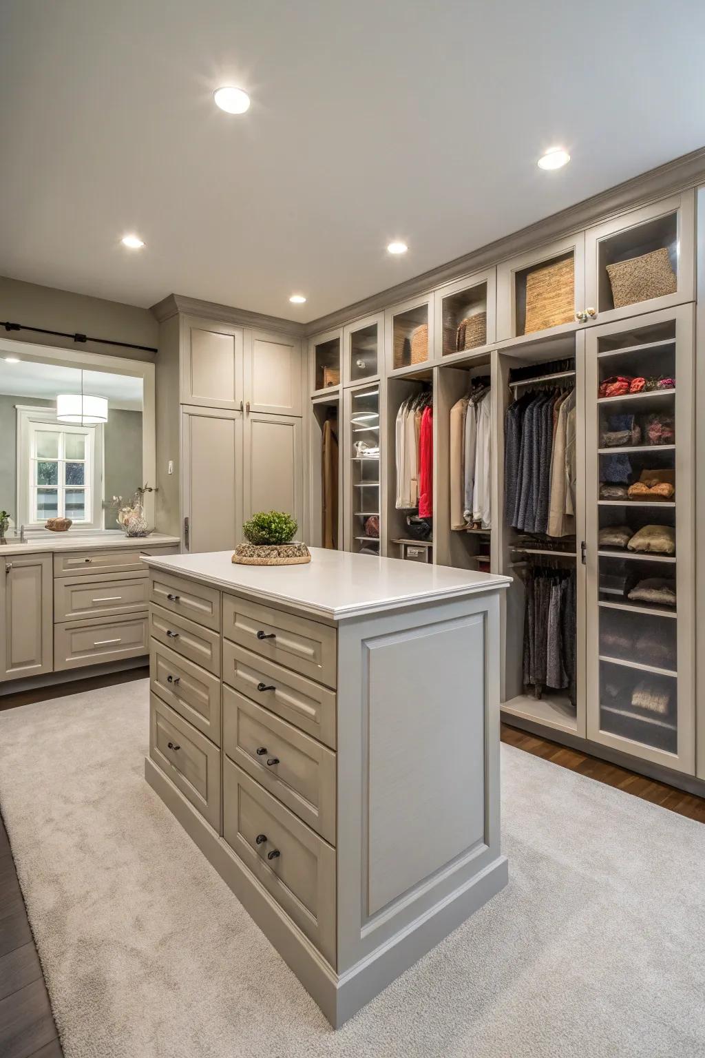 A central island enhances closet utility.