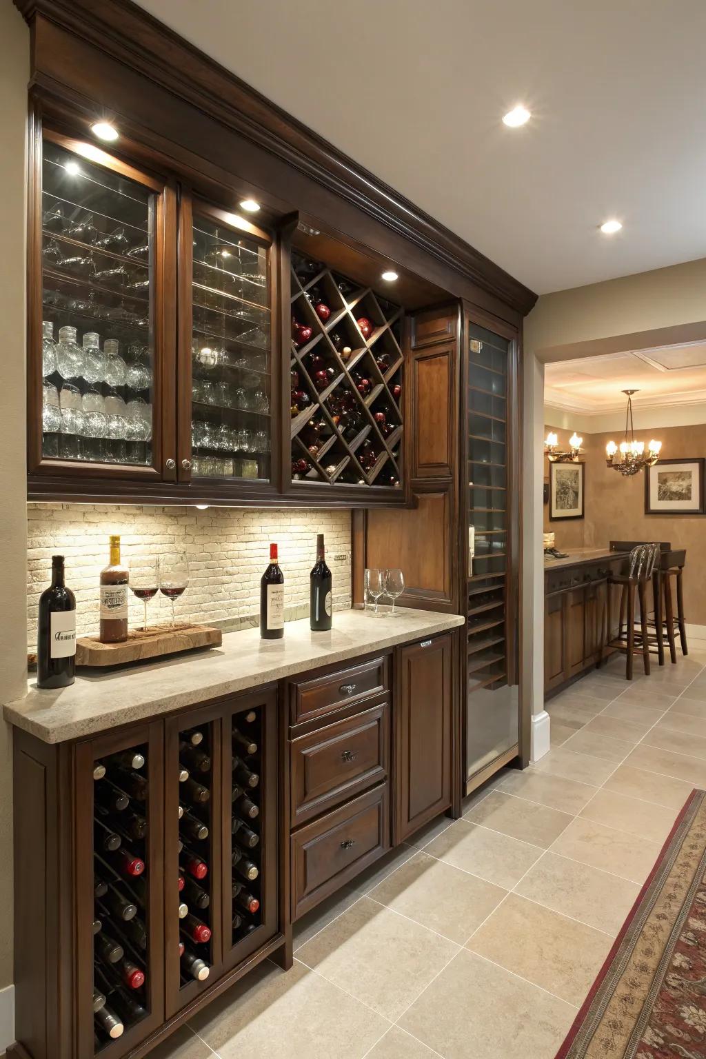 A dedicated wine showcase serves as a visual centerpiece.