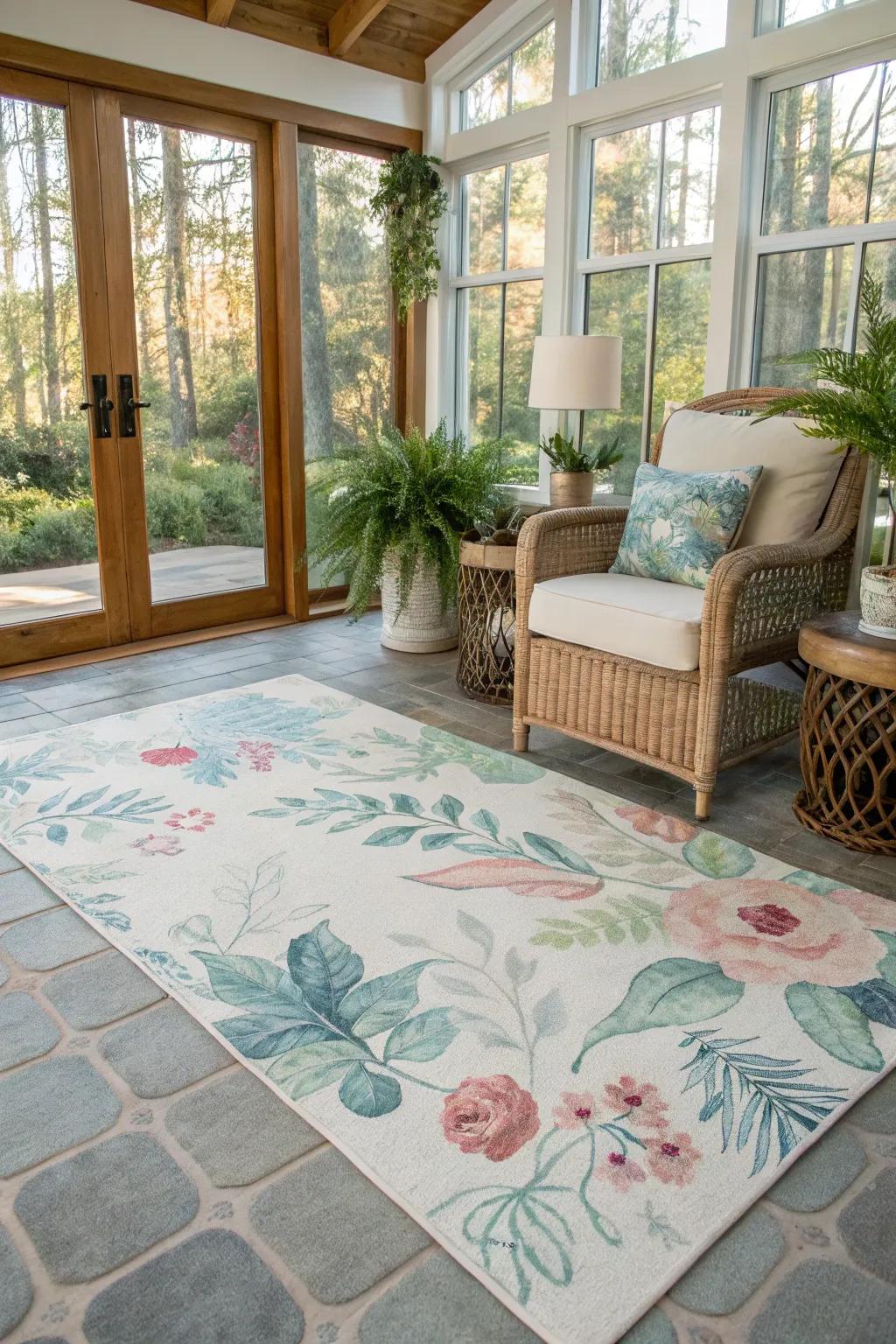 Flora watercolor carpets craft a serene and artistic atmosphere.