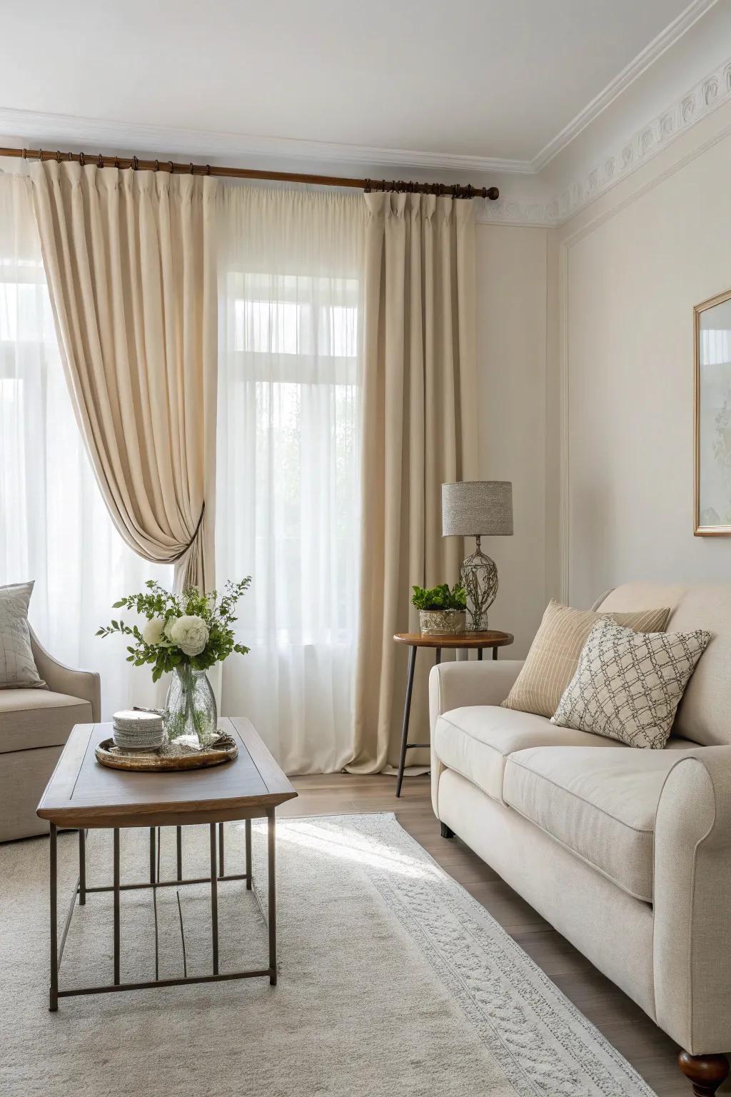 Realize chic sobriety with understated-shade valances in your sitting room.