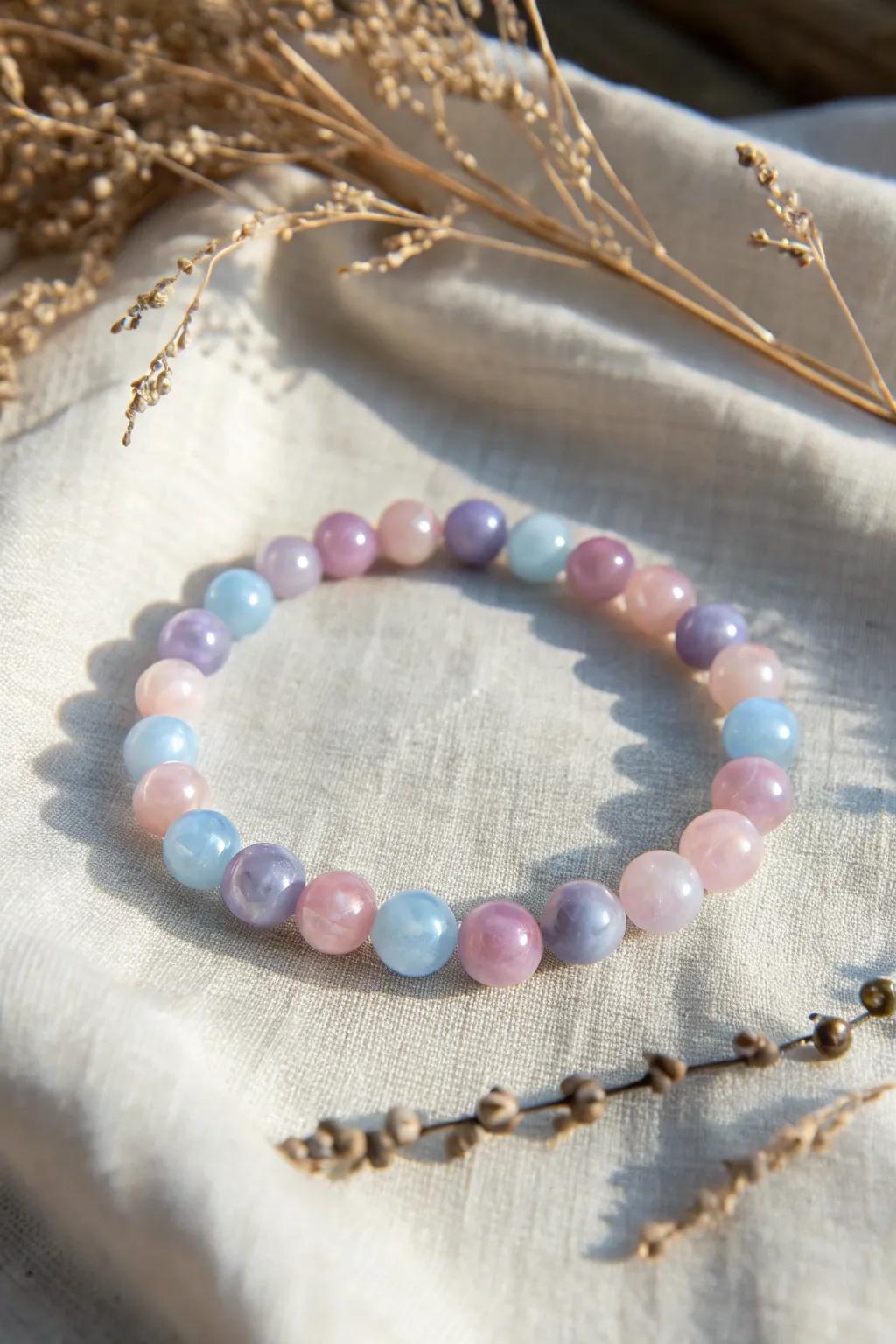 Revel in the artistry of watercolor with this exquisite bead bracelet, where each bead is a smooth combination of light shades, evoking a sense of natural beauty and minimalist refinement.