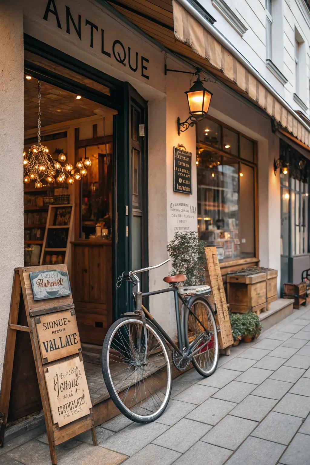 A shopfront enhanced with vintage finds, creating a nostalgic charm.