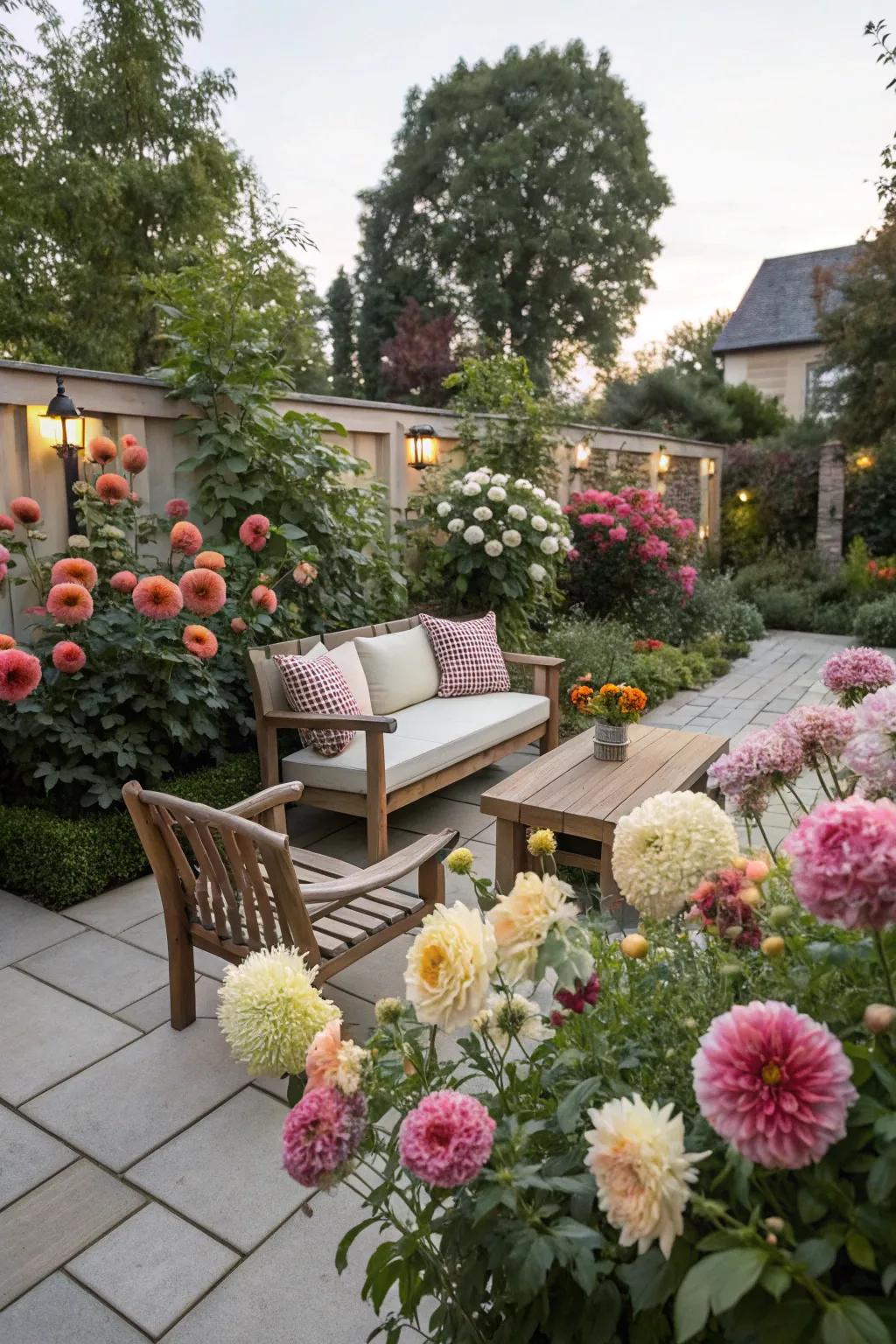 A peaceful courtyard retreat featuring sunburst blossoms.