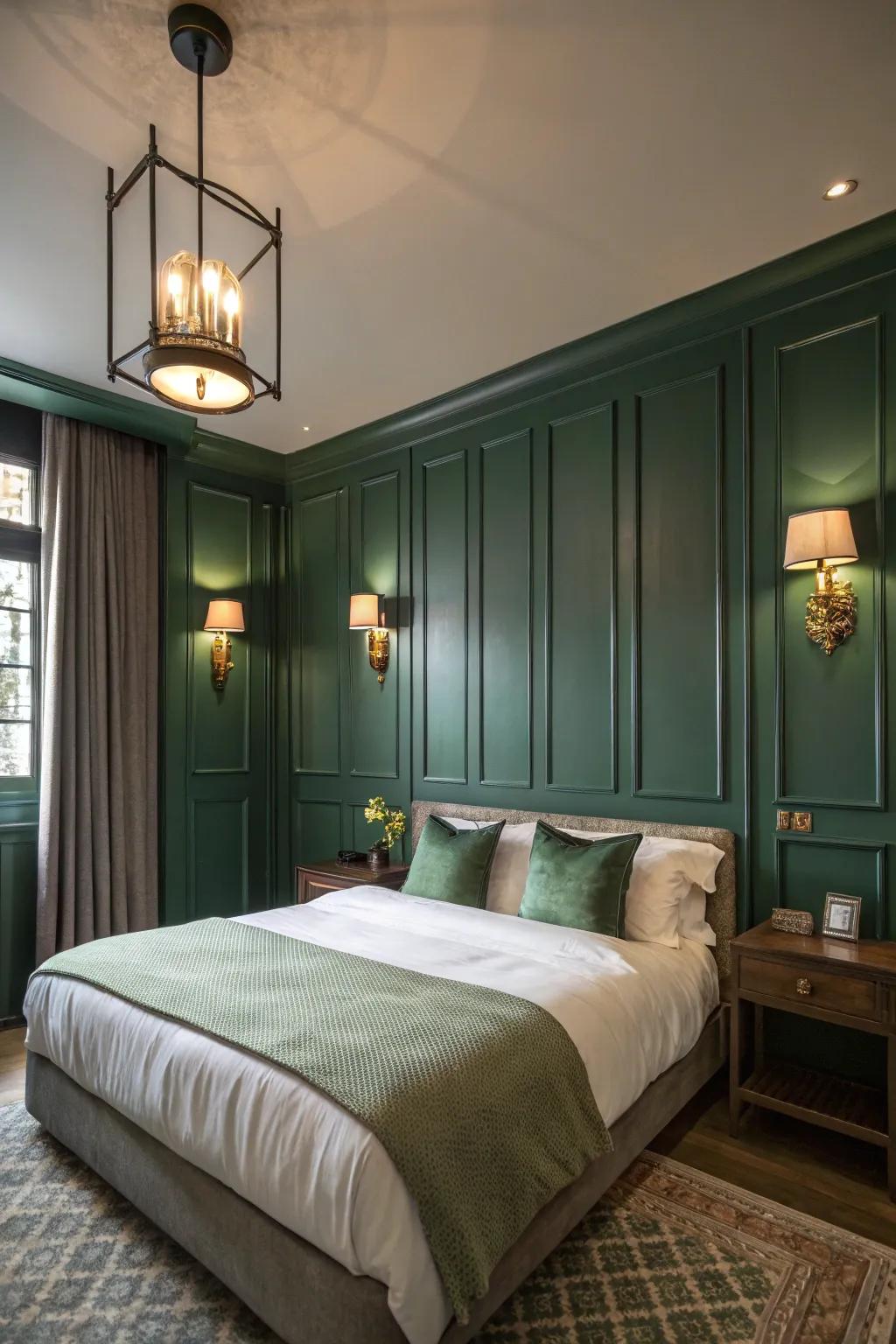 A bedroom with shadowy jade walls and silvery green lighting fixtures creating a soothing glow.
