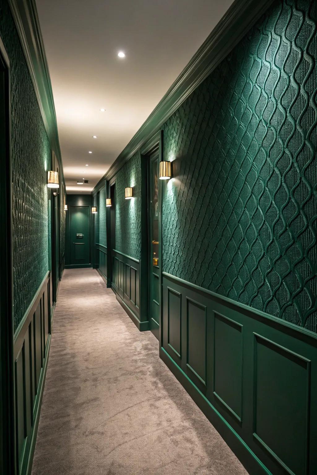 Textured surfaces enrich the verdant hallway.