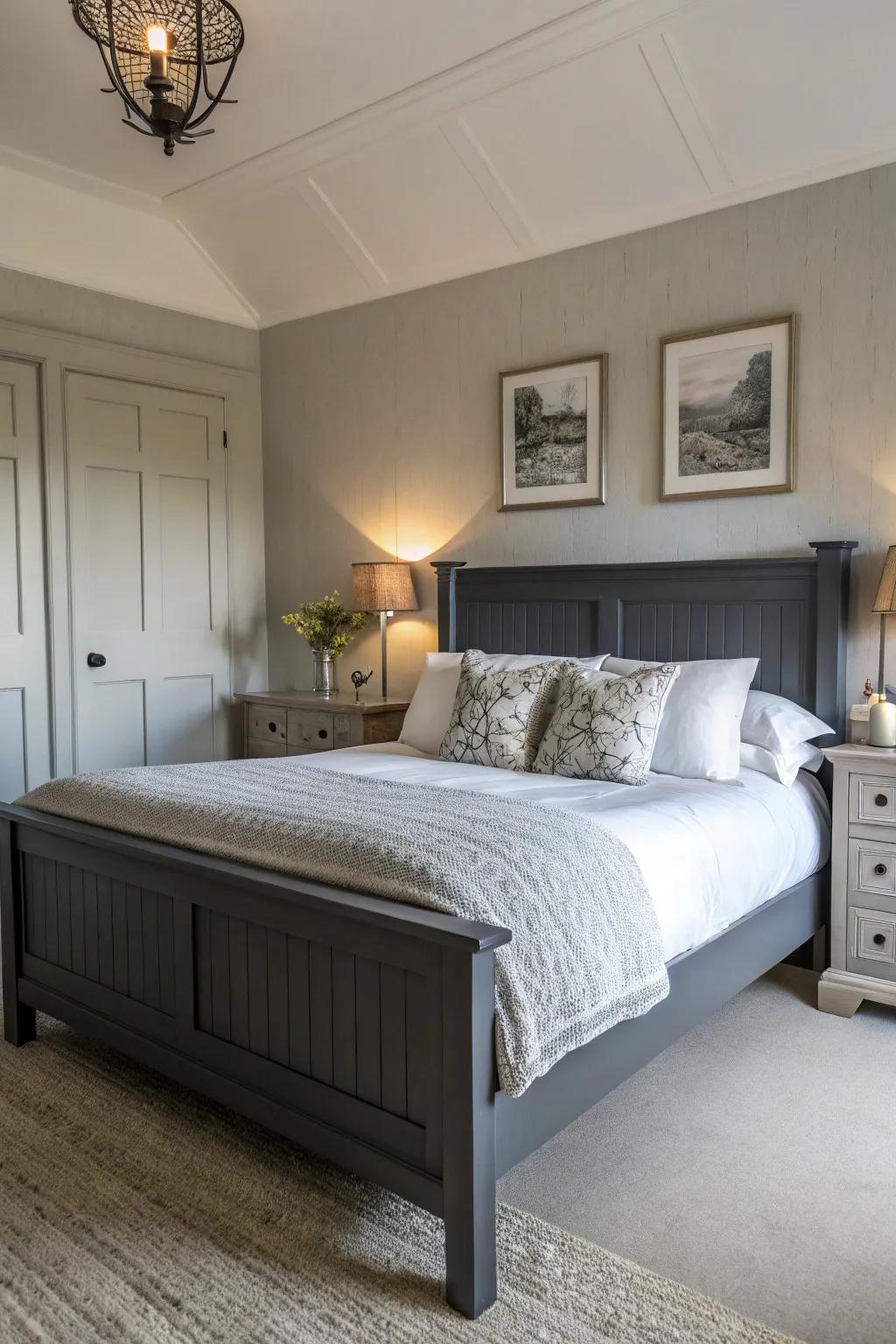 White components give a fresh comparison to a deep charcoal bedstead.