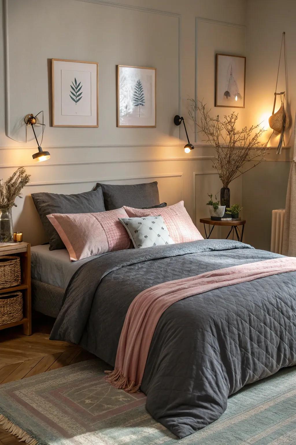 Pastel accents soften and complement dark grey bedding.