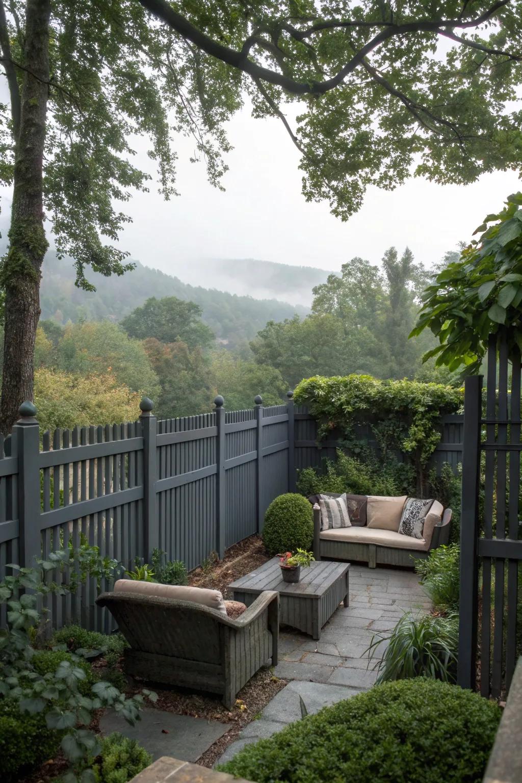 A secluded garden sanctuary with a deep charcoal fence and lush foliage.