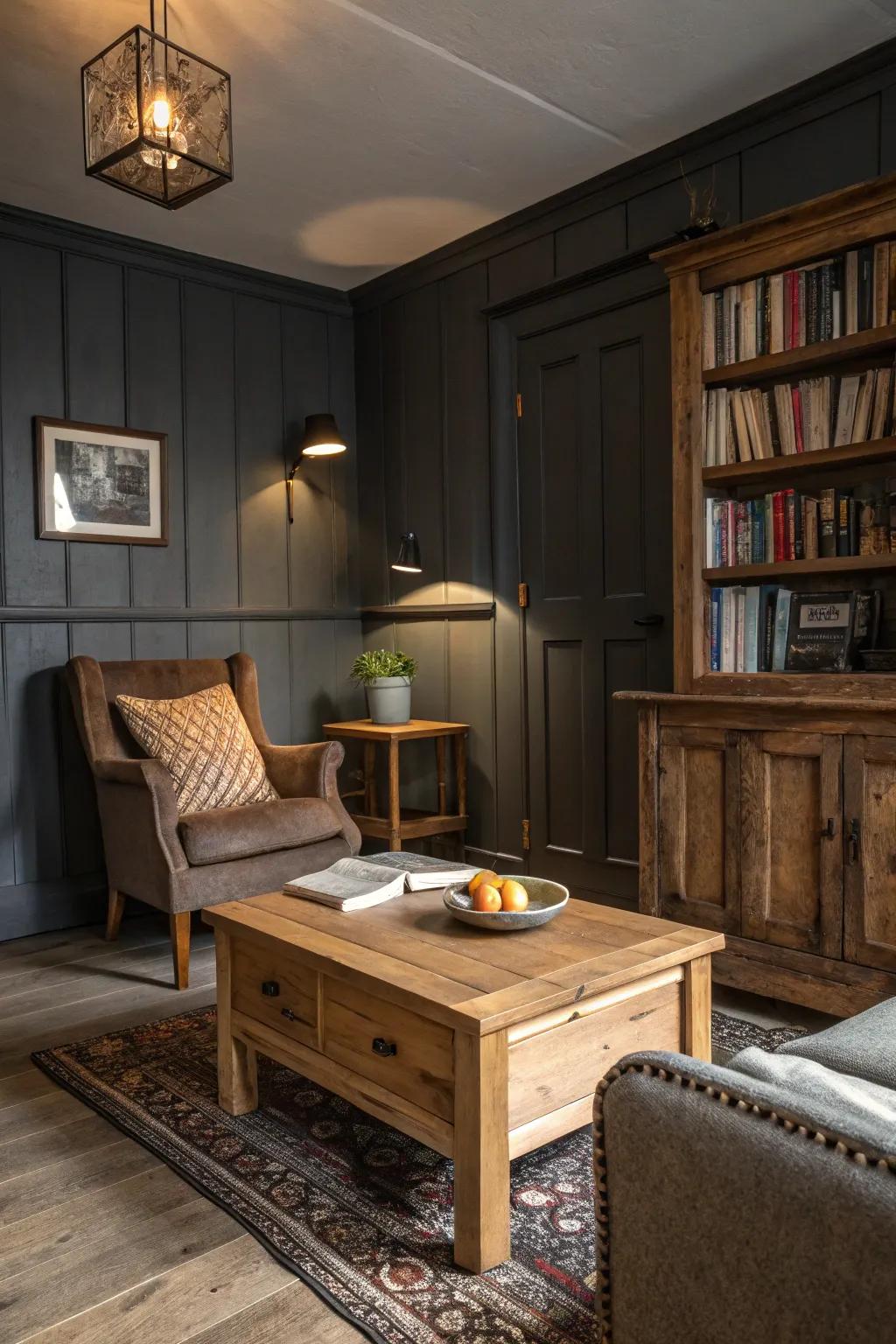 Rugged features contributing appeal to a deep charcoal environment.