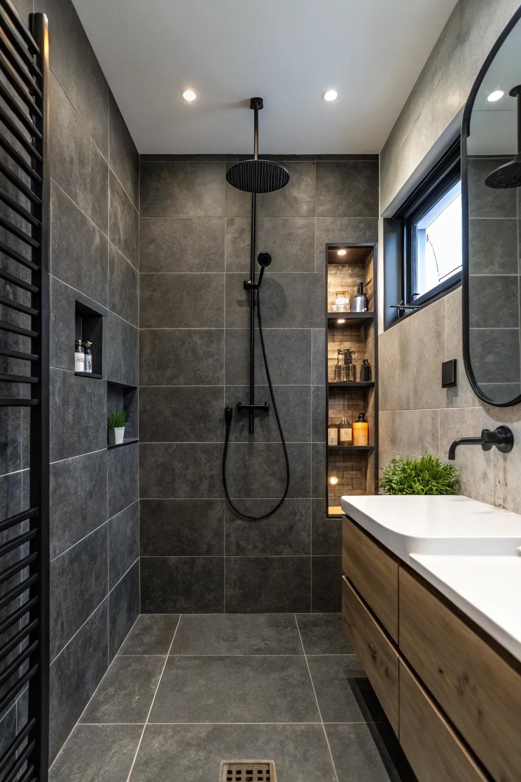Ebony details enhance the dramatic appeal of deep charcoal panes.
