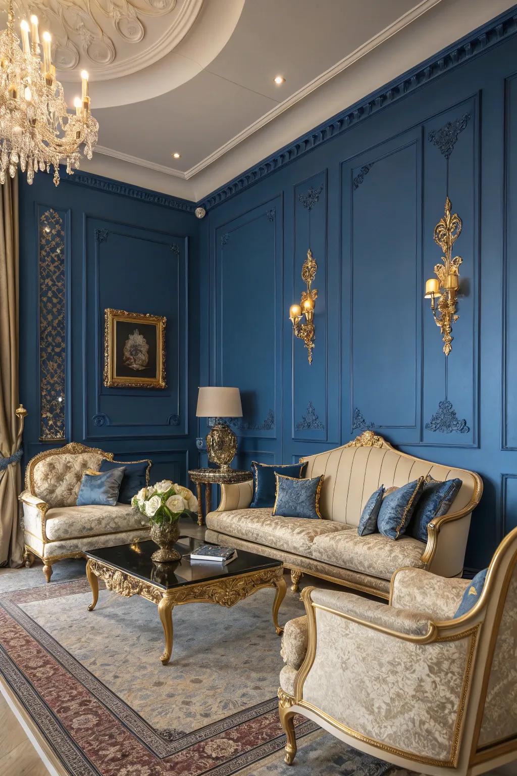 A luxurious lapis blue living room with rich, elegant decor.