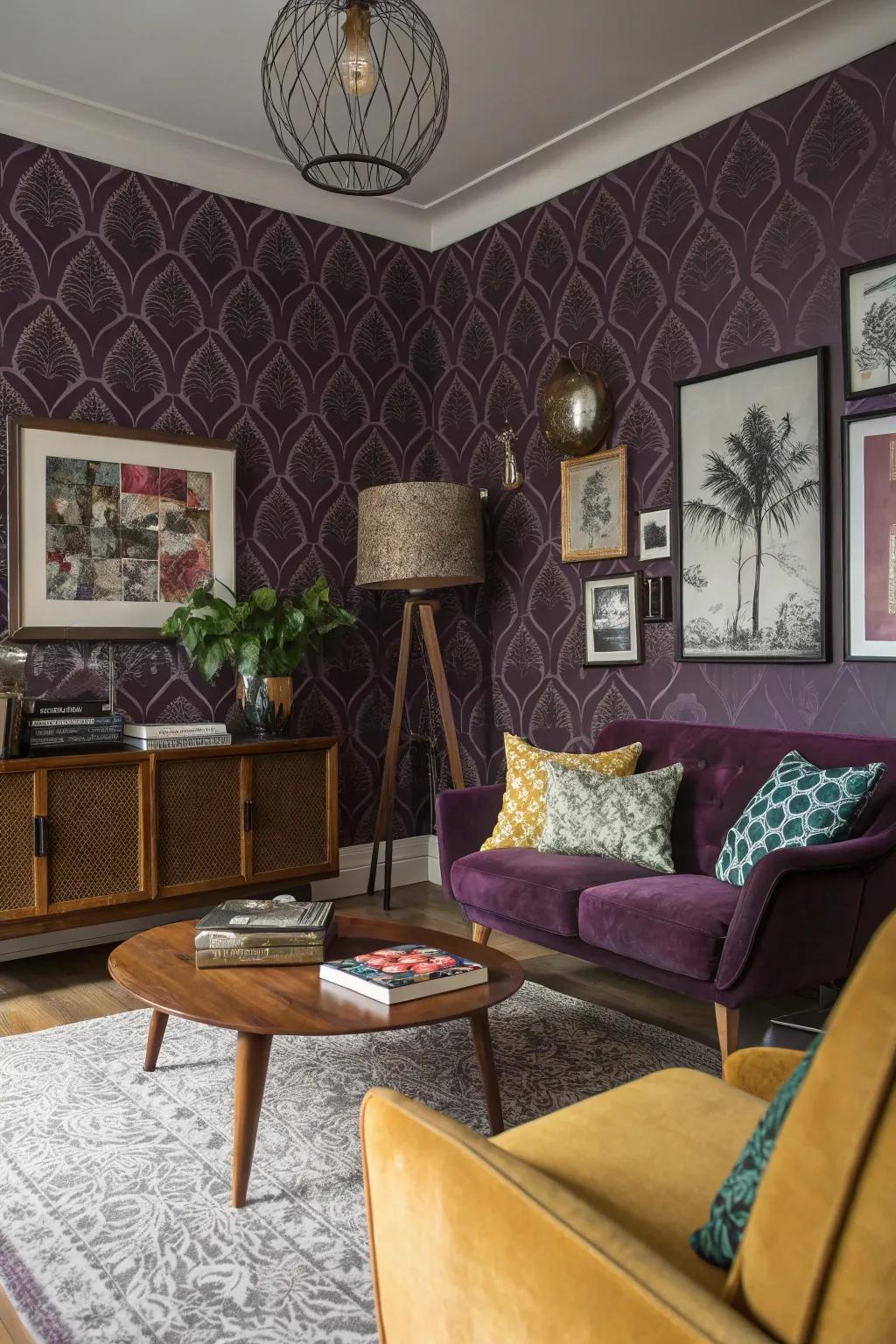 Violet wallpaper injects texture and pattern into this diverse living room.