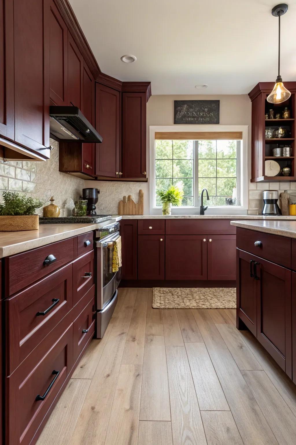 Bright kitchen featuring light flooring and scarlet-toned cabinets.