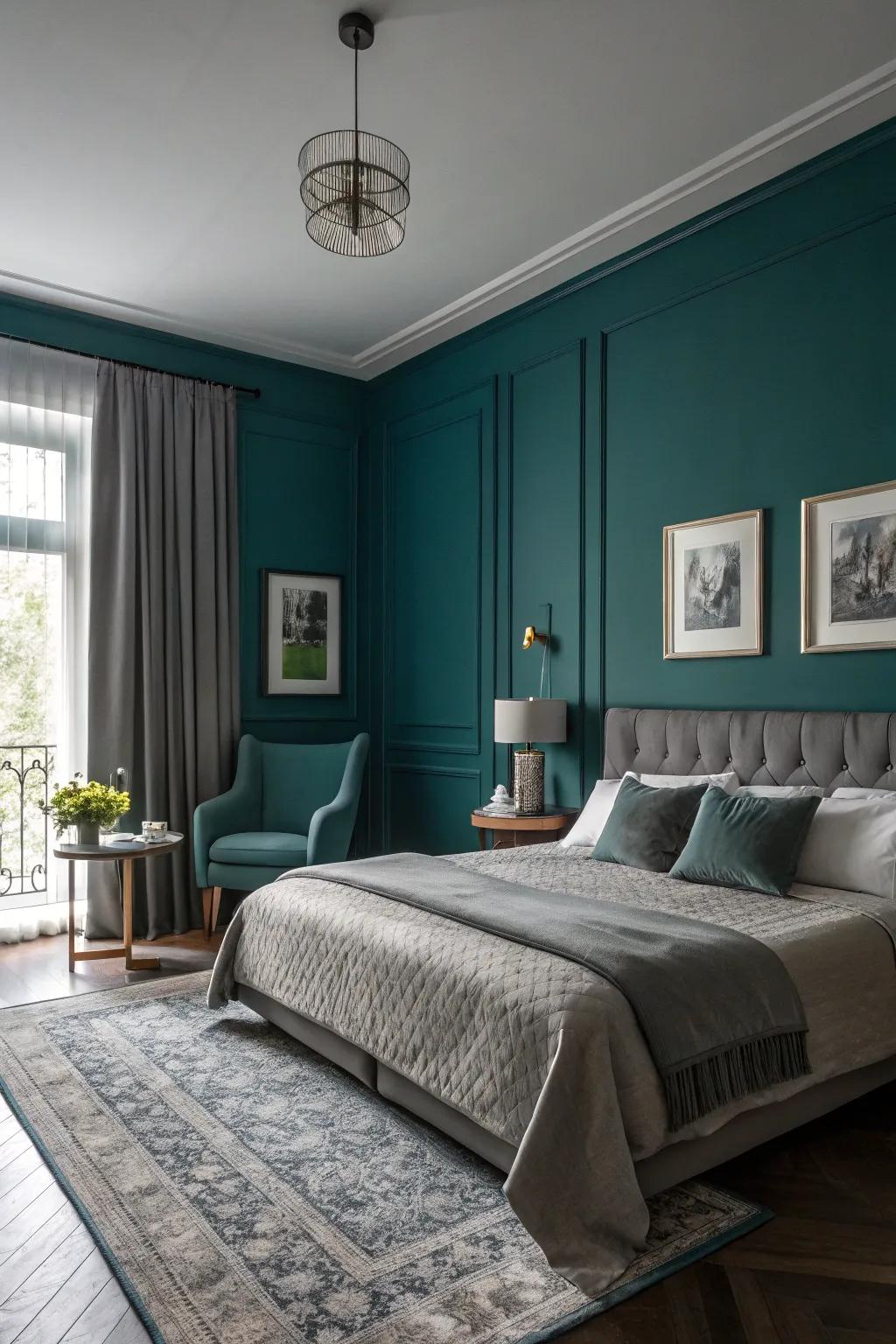 Teal and gray furnish a polished, calming palette.