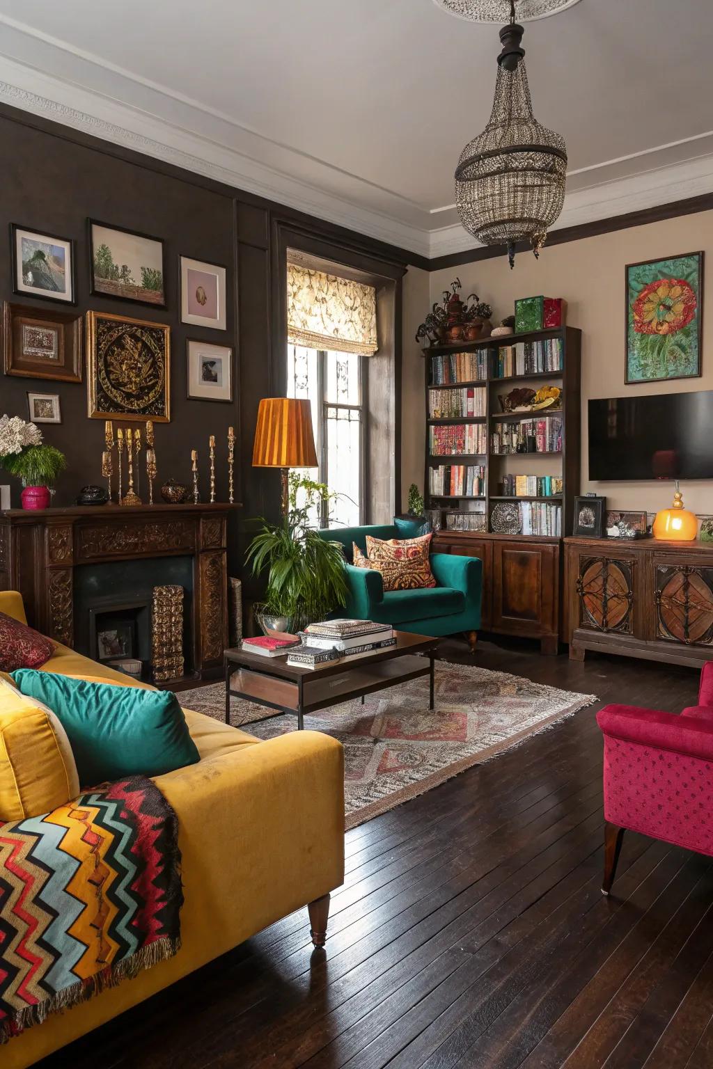 A bright and colorful lounge with dark floors and funky colours.