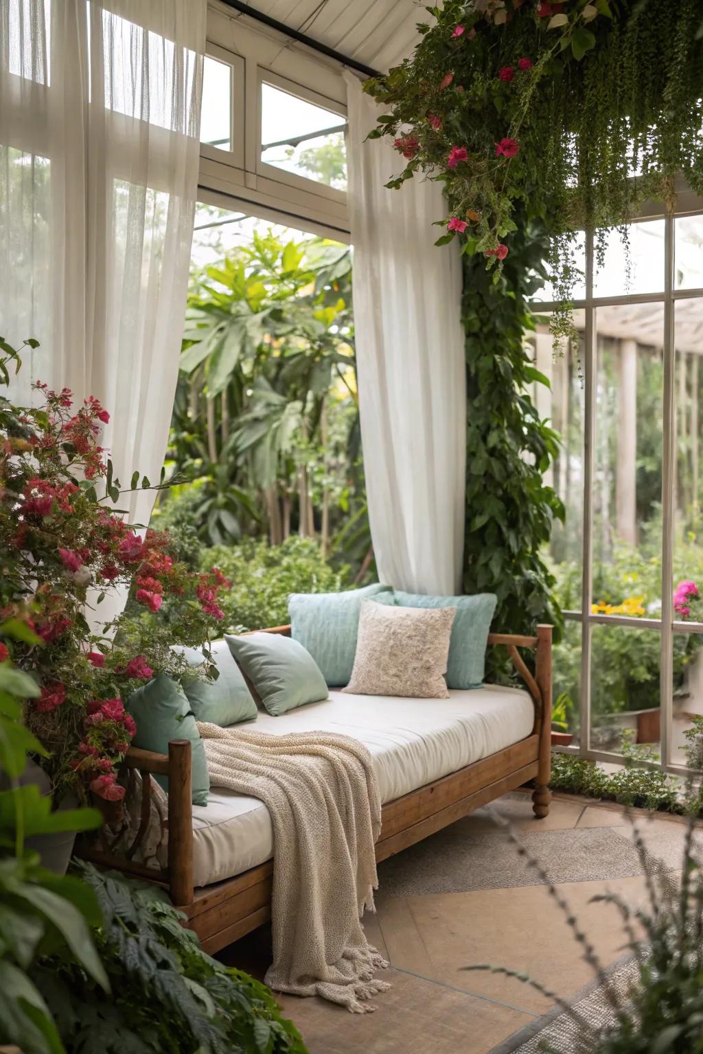 Greenery injects a refreshing touch into the daybed space.