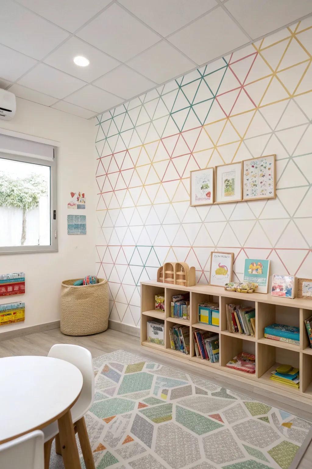 A sleek and modern daycare room with minimalist pattern wallpaper.