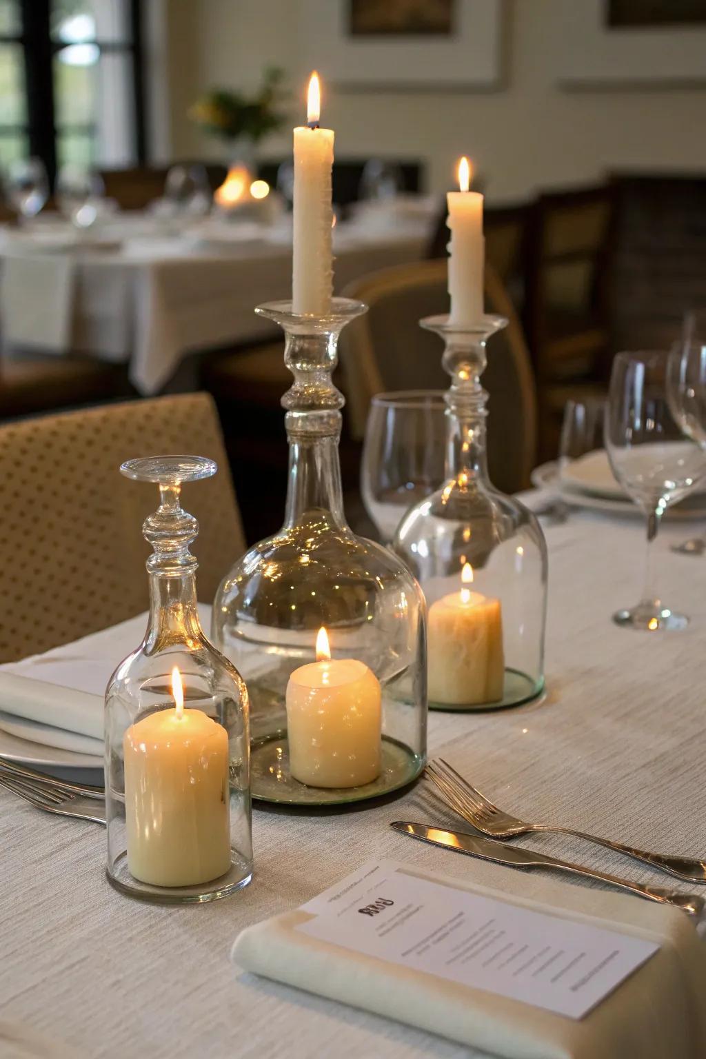 Elegant vessels repurposed as wax holders for a cozy dining setup.