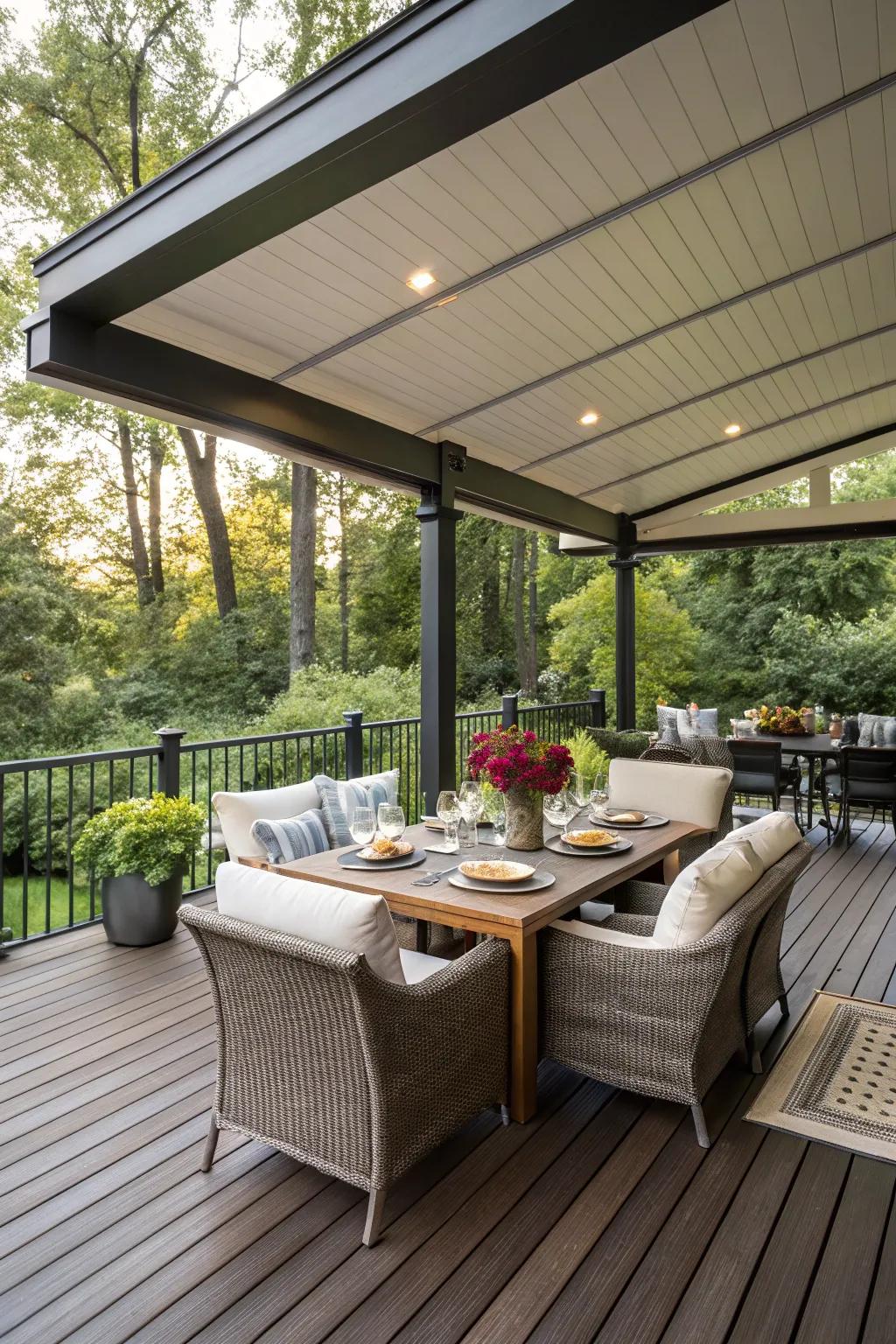 A solid roof cover renders your deck an all-season haven.