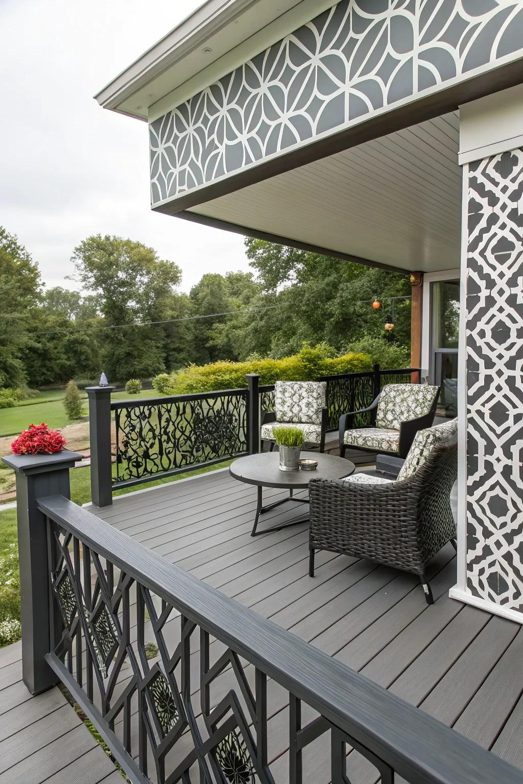 Geometric patterns in fascia introduce a contemporary, artistic touch.