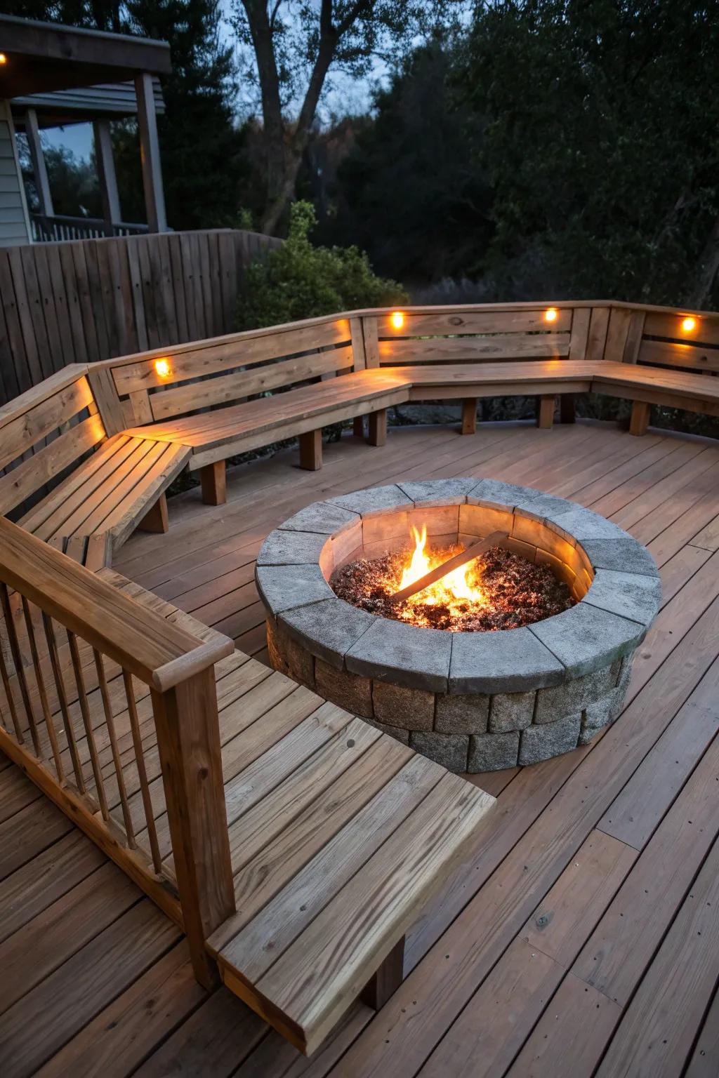 Fitted seating around a hearth makes a cozy and effective seating arrangement.
