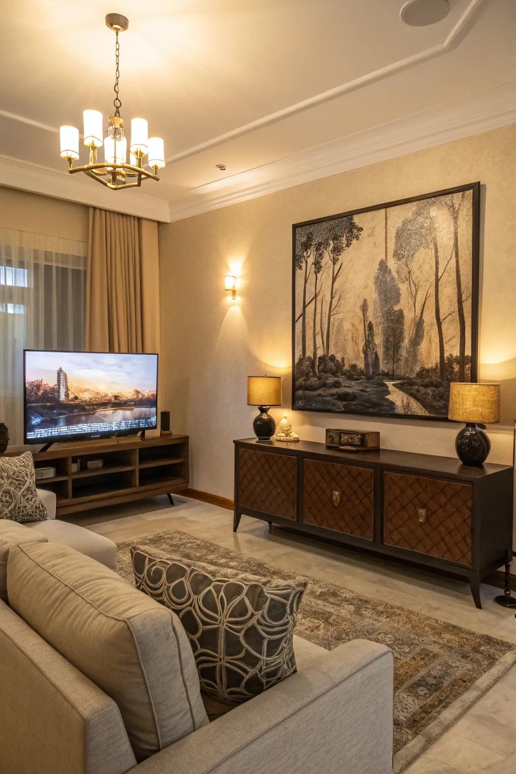 Large art forms a dramatic and unified backdrop for the TV.