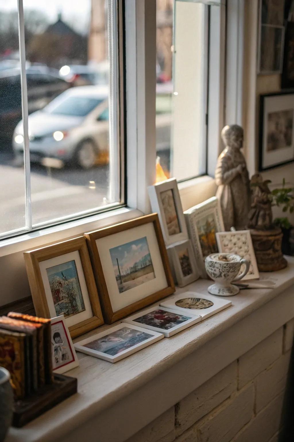 A mini art gallery on your window ledge gives off a personal and artistic feel.