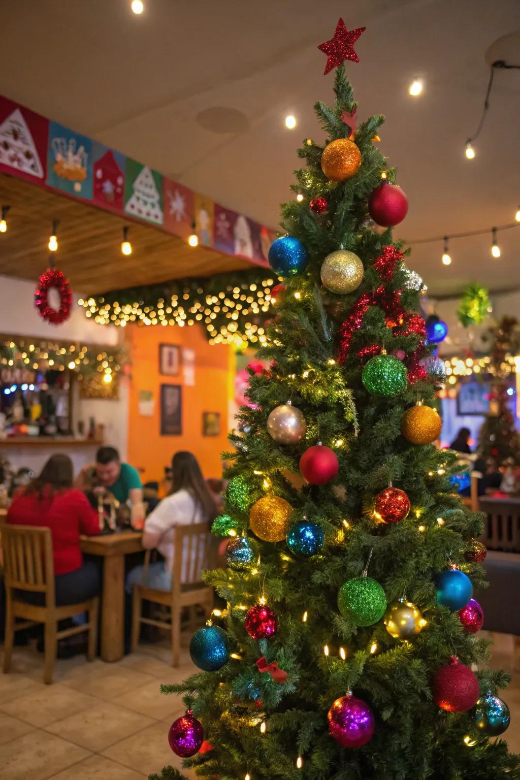 A merry party Christmas tree sporting lively colors and joyful decorations.