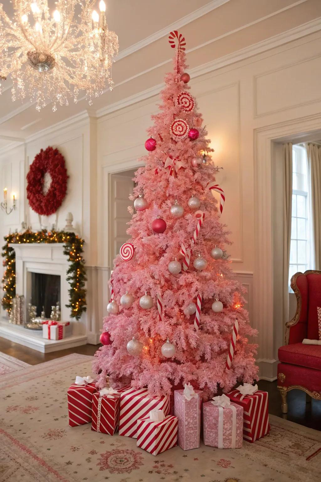 A festive tree with candy cane accents against pink.