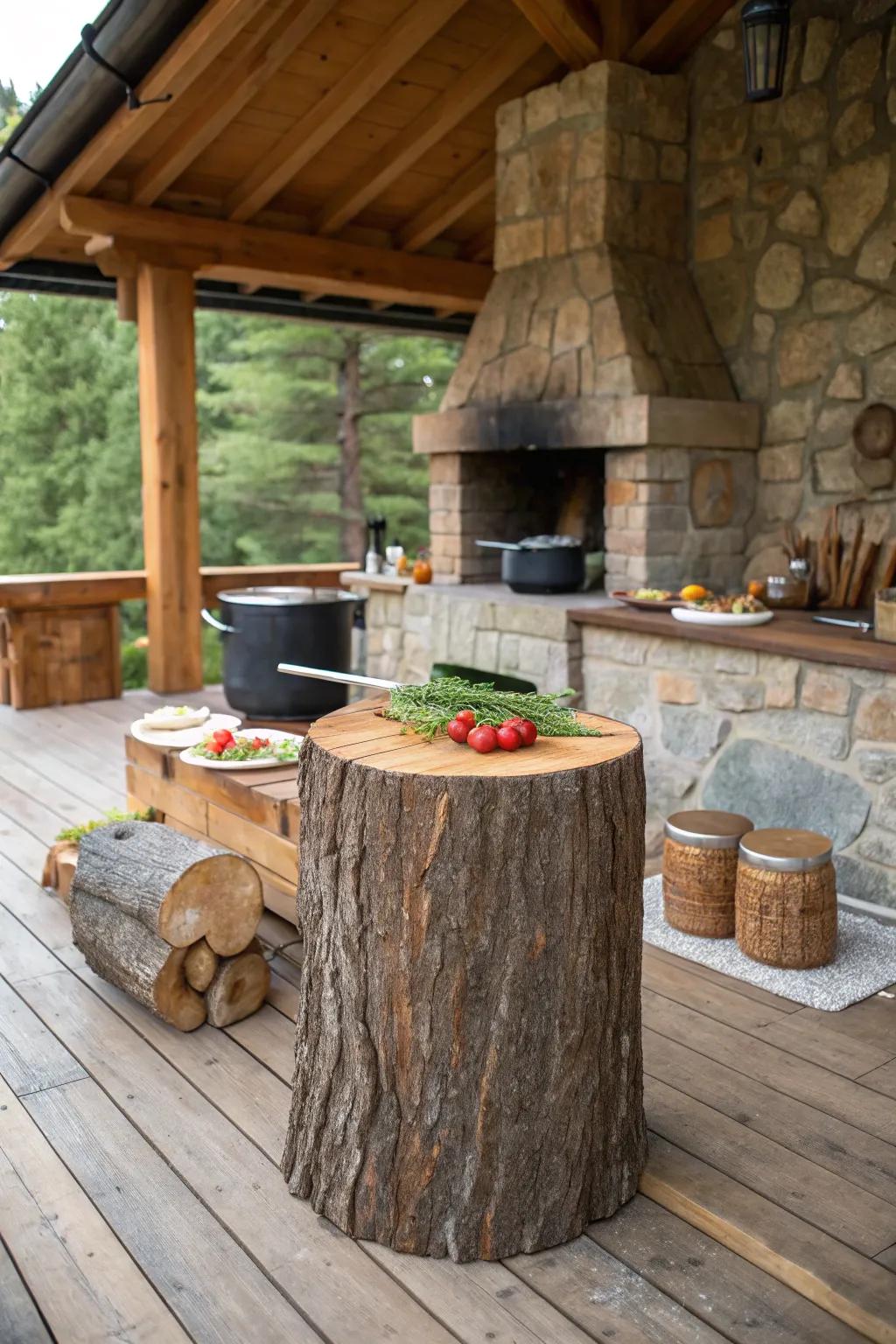 Incorporate rustic utility with a tree stump food prep station.