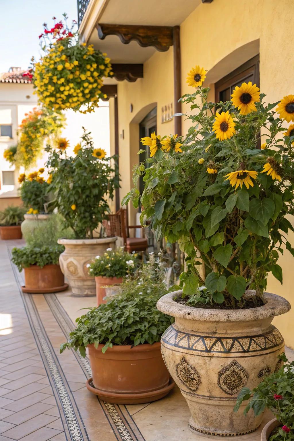 Sunflower plant holders introduce a touch of brightness to your outdoor spaces.