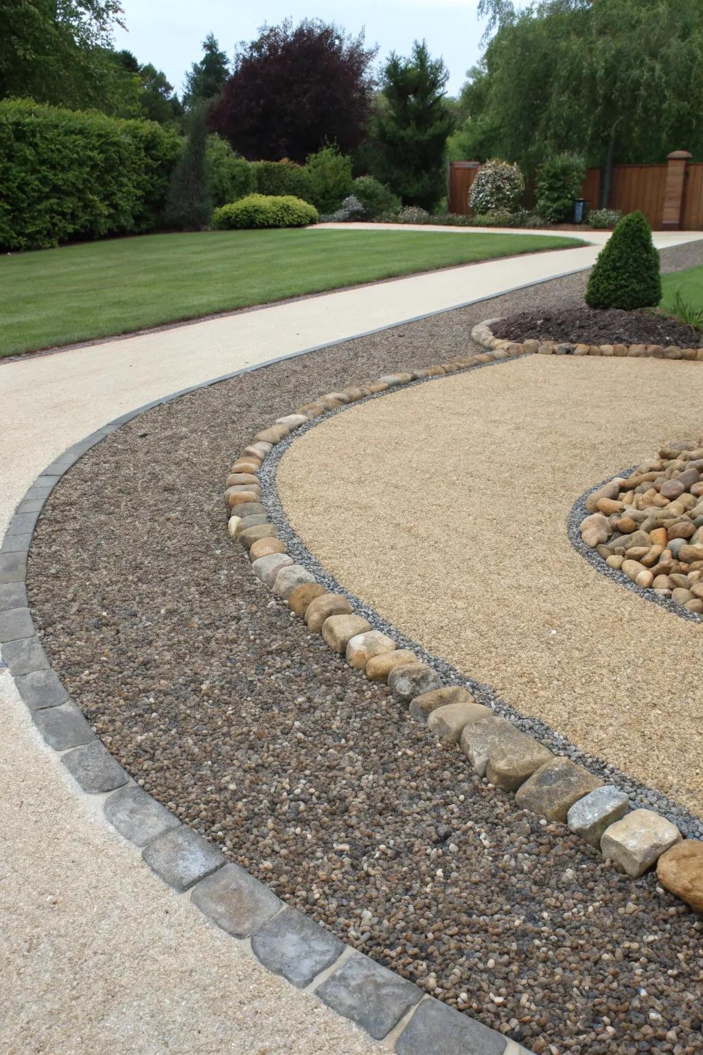 A creative fusion of elements imparts depth and texture to this inventive driveway.