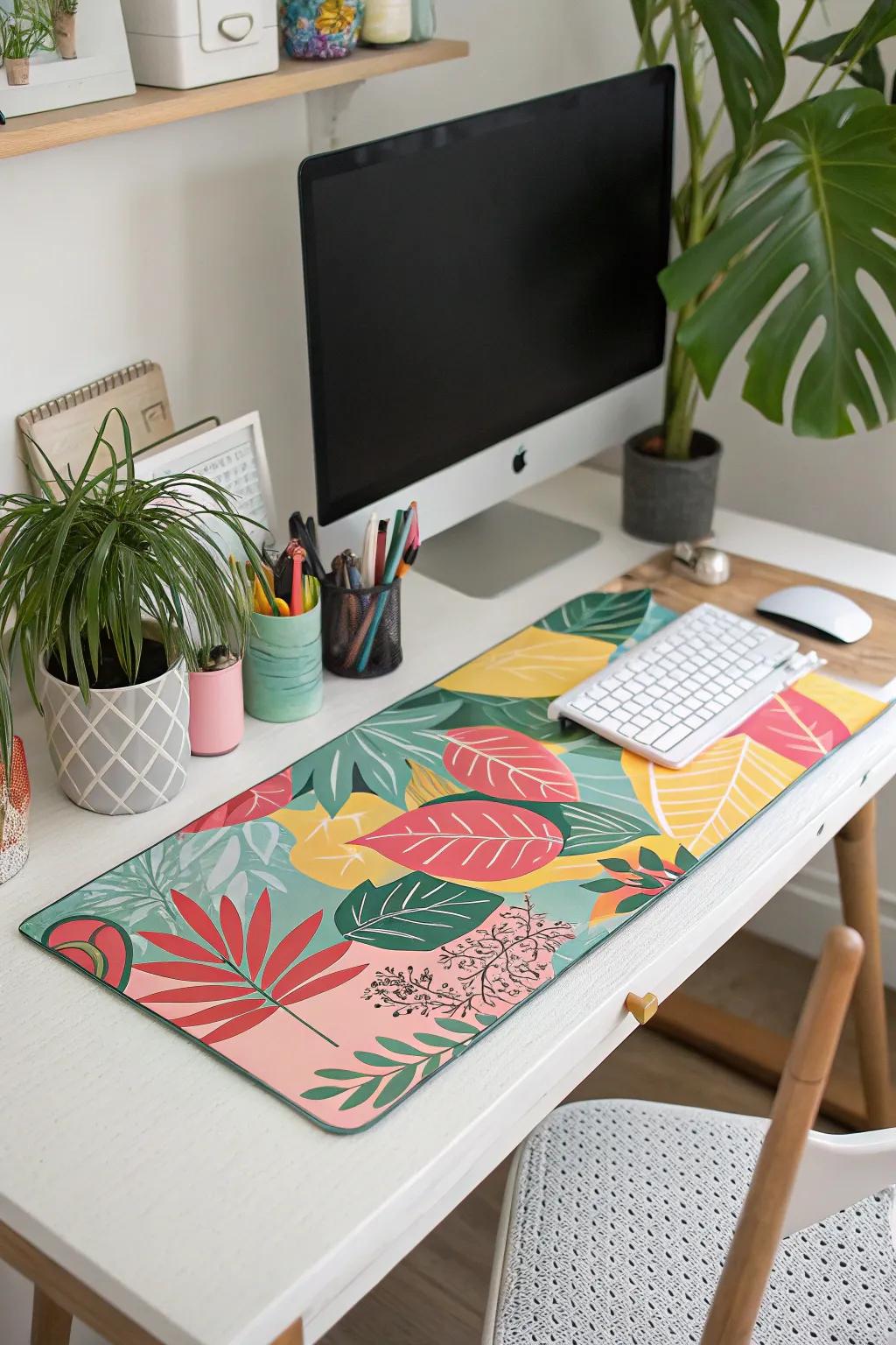 A desk covering unifying the desk decor with a splash of color.