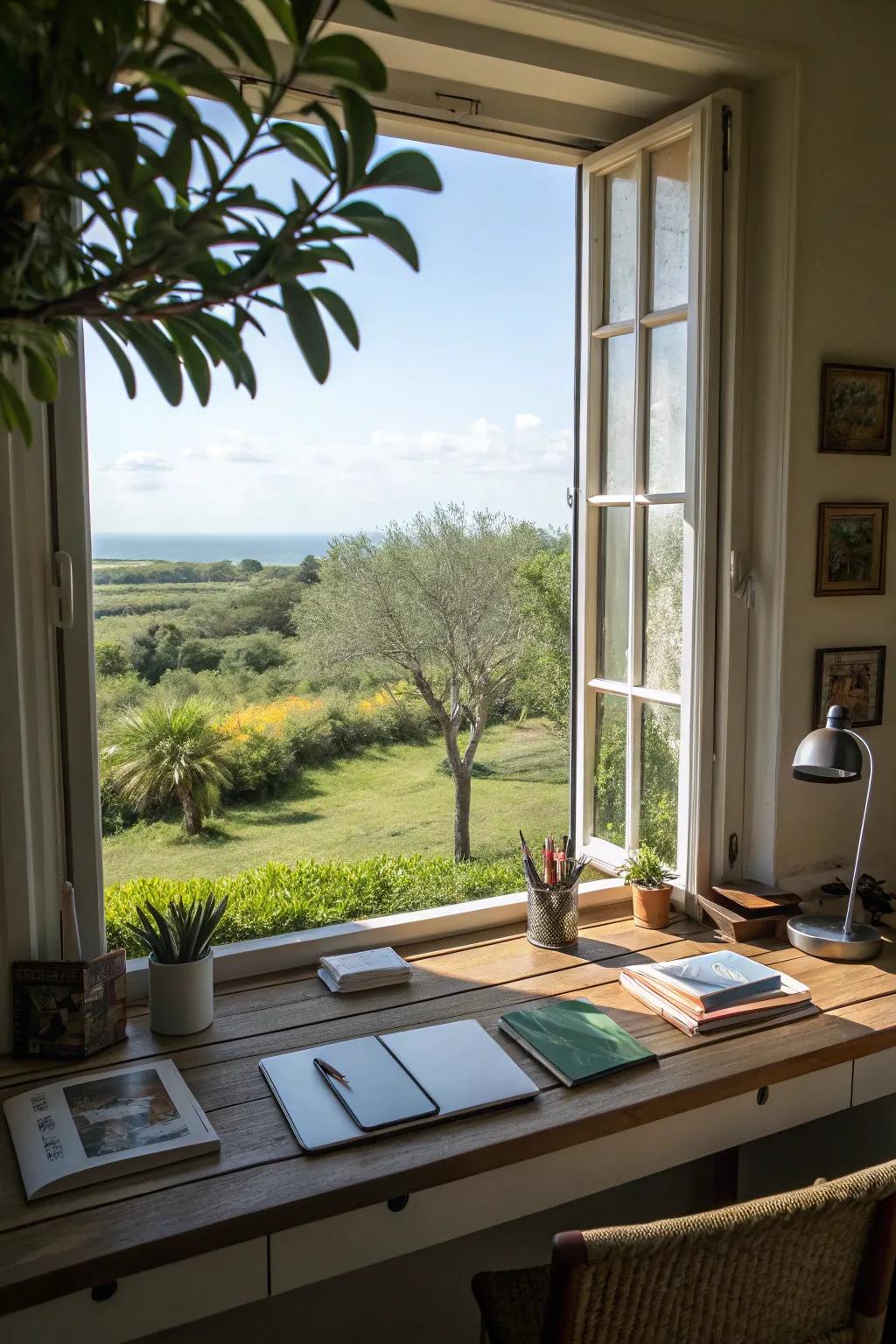 A desk with scenery brings the outside beauty indoors.