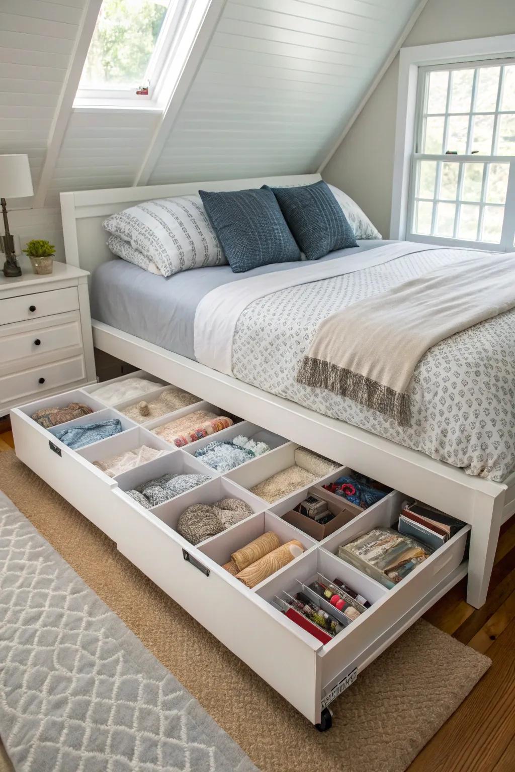 Under-bed storage keeps your bed's area organized.