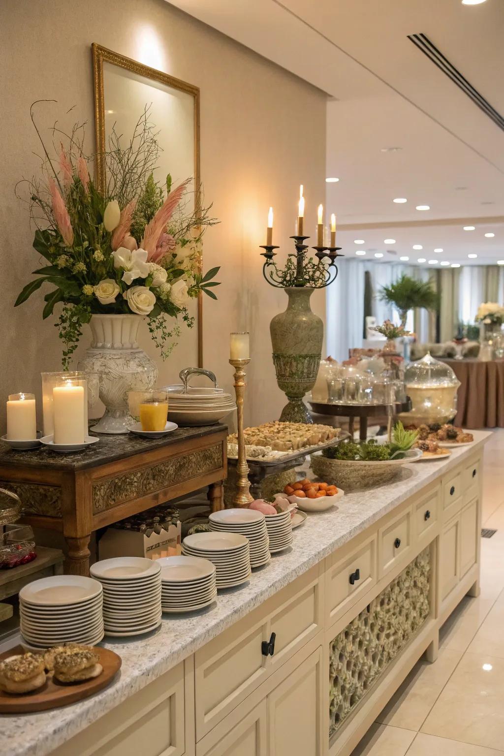 A limited color scheme fashions a cohesive and harmonious sideboard decor.