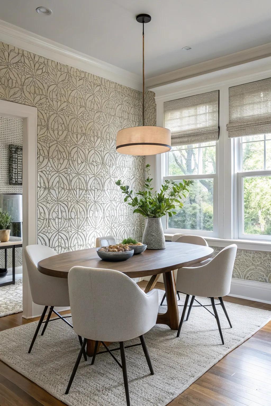 Wall finishes that contribute dimension and a hint of drama to the dining room.