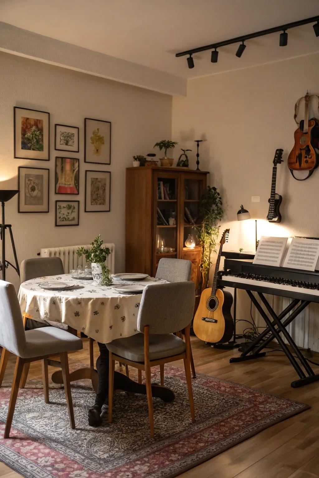 A music room dining area balances entertainment and meals.